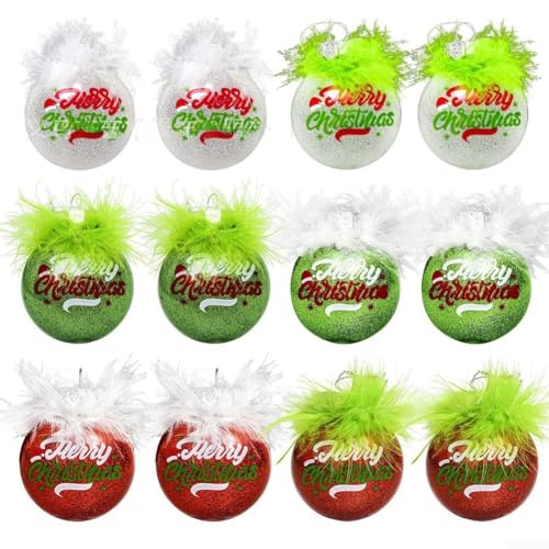 Weihnachtskugel-Ornament-Set mit 12 grünen Teilen mit runden und flachen Designs mit flauschiger Textur für Baum und Kranz (flache Kugel) von Floweringbeter