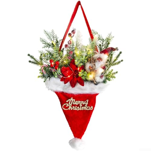Weihnachtsmütze zum Aufhängen an der Tür mit eingebauter LED-Lichterkette und widerstandsfähiger Konstruktion für Urlaubsdekoration an Türen, Bäumen und mehr von Floweringbeter