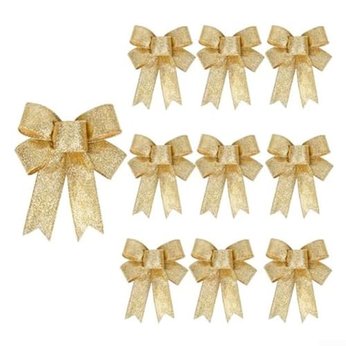 Weihnachtsschleifen-Set aus Stoff für Baum- und Kranzdekorationen, 10 Stück, entworfen für saisonale Veranstaltungen und Feiertage (goldfarben) von Floweringbeter