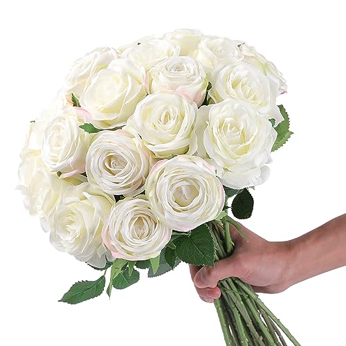 Floweroyal 12 Stück künstliche Rosen Seidenblumen mit langem Stiel Gefälschter Rosenstrauß für Hochzeitsstrauß Blumengesteck Heim Garten Tabelle Dekor (Weiß) von Floweroyal