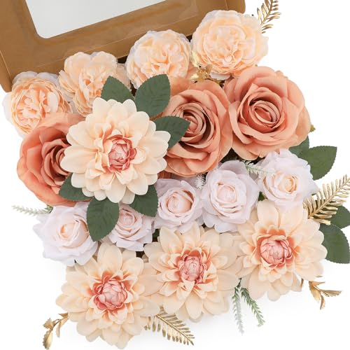 Floweroyal Künstliche Blumen, künstliche Rosen, Dahlie mit Stielen für selbstgemachte Hochzeit, Brautsträuße, Babyparty, Blumenarrangement, Tischdekoration, Heimdekoration (hautfarben) von Floweroyal