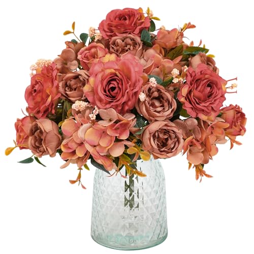 Floweroyal Künstliche Pfingstrosen, Seiden-Hortensien-Blumenstrauß, Vintage, für Hochzeit, Party, Tischdekoration, Blumenarrangement, Zuhause, Küche, Dekoration, Orange, 4 Sträuße von Floweroyal