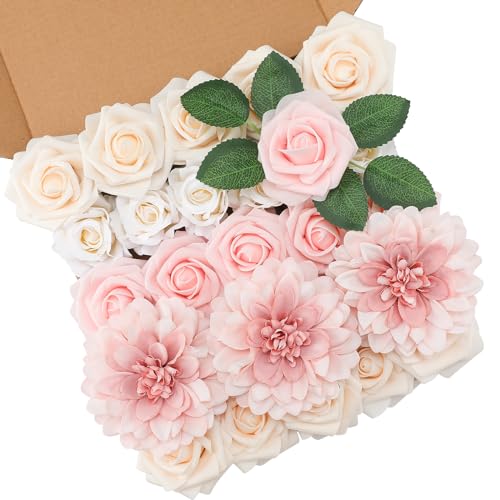 Floweroyal Künstliche rosa Blumen, künstliche Rosen, Dahlie mit Stielen für selbstgemachte Hochzeit, Brautsträuße, Babyparty, Blumenarrangement, Tischdekoration, Heimdekoration von Floweroyal