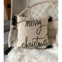 Weihnachten Boho Überwurf Baumwolle Kissenbezug, Beige Frohe Baumwollkissen, Weihnachtskissen, Schwarze Quaste Kissen, Weihnachtsgeschenk von FloydhomeBoutique