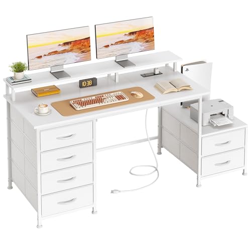 Flrrtenv 100 cm Schreibtisch mit Stoffaktenschrank, Computertisch mit Regalen und Schublade, industrieller Schreibtisch mit Monitorständer, Arbeitszimmertisch Arbeitsplatz für Home Office, Weiß von Flrrtenv