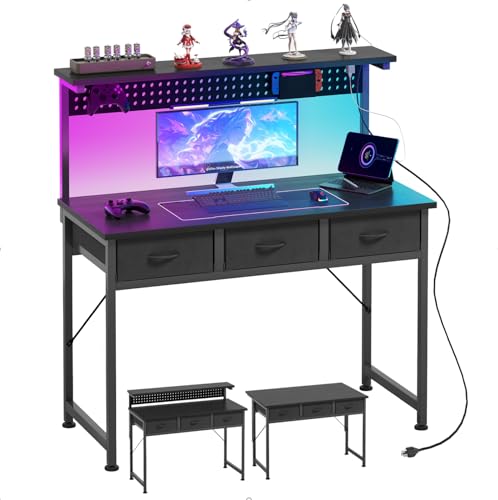 Flrrtenv Computertisch mit Stecktafel, Gaming-Schreibtisch mit verstellbarem LED-Licht, Home-Office, kleine Schreibtische für kleines Schlafzimmer, verstellbarer Monitor-Stehständer und Ladestation, 2 von Flrrtenv