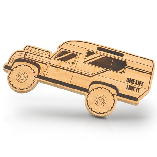 Fluffy Dreams Schneidebrett Frühstücksbrett Camper Vanlife Bambus-Schneidbrett Holzbrett Retro-Geländewagen-Form 4x4 Offroad-Schneidebrett Outdoor-Freizeit Abenteuer Geschenk, Größe ca. 32x16cm von Fluffy Dreams