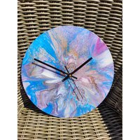 Blaue, Goldene Und Rosa Wanduhr | Blau Gold Uhr Blaue Blumenuhr Vinyl-Liebhaber Wohnzimmeruhr Küchenuhr Abstrakte Kunst von FluidArtCreationsUK