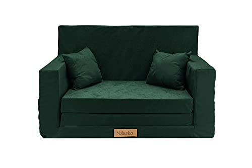 Flumi Personalisierte Kindercouch Kindersofa mit Schlaffunktion Gravur Kindername Kinder Sofa für Kinderzimmer Schlafsessel mit Bettfunktion Kindermöbel 92x40x60 Mikrofaser (Flasche grün) von Flumi