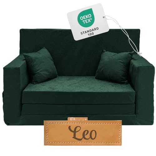 Flumi Personalisierte Kindercouch Kinder Sessel Sofa Schlafsofa jugendzimmer mit Gravur KINDERNAME Spielsofa für Kinderzimmer Schlafsessel Bettfunktion Kindermöbel 92x40x60 Mikrofaser (Flasche grün) von Flumi