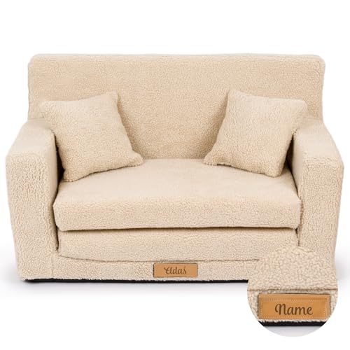 Flumi Personalisierte Kindercouch Kindersofa mit Schlaffunktion Gravur Kindername Kinder Sofa für Kinderzimmer Schlafsessel mit Bettfunktion Kindermöbel 92x40x60 (Dunkelbeige) von Flumi