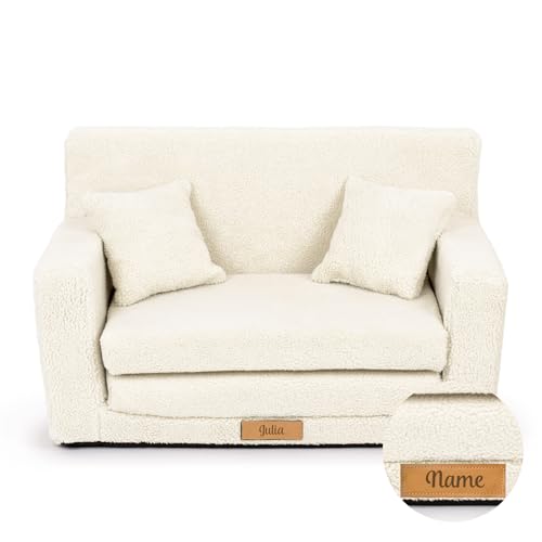 Flumi Personalisierte Kindercouch Kindersofa mit Schlaffunktion Gravur Kindername Kinder Sofa für Kinderzimmer Schlafsessel mit Bettfunktion Kindermöbel 92x40x60 (Lammfell Hellbeige) von Flumi