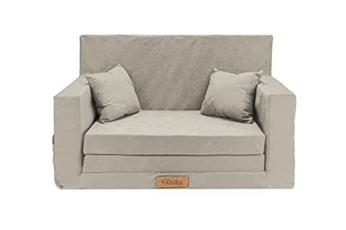 Flumi Personalisierte Kindercouch Kindersofa mit Schlaffunktion Gravur Kindername Kinder Sofa für Kinderzimmer Schlafsessel mit Bettfunktion Kindermöbel 92x40x60 Mikrofaser (Hellgrau) von Flumi