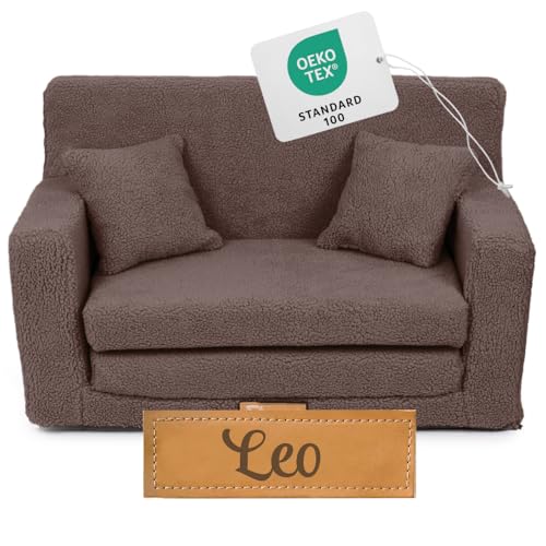 Flumi Personalisierte Kindercouch Kinder Sessel Sofa Schlafsofa jugendzimmer mit Gravur KINDERNAME Spielsofa für Kinderzimmer Schlafsessel Bettfunktion Kindermöbel 92x40x60 (Boucle Braun) von Flumi