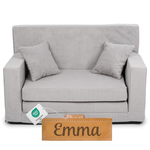 Flumi Personalisierte Kindercouch Kinder Sessel Sofa Schlafsofa jugendzimmer mit Gravur KINDERNAME Spielsofa für Kinderzimmer Schlafsessel Bettfunktion Kindermöbel 92x40x60 (Grauer Kord) von Flumi