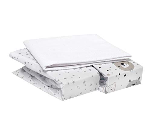 FlyIdeas 3er-Set 2 Flanell Spannbettlaken + 1 wasserdichte Matratzenschoner für Next to Me Beistellbett 83x50 cm – 100% Warmes, Weiches Baumwolllaken für Babys und Neugeborene, perfekt für den Winter von FlyIdeas