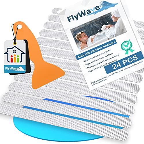 FlyWave Antirutsch Streifen Dusche 24 Stück, Anti Rutsch Dusche Aufkleber mit Silikonschaber, Antirutschstreifen Dusche Transparent, Selbstklebend Anti Rutsch Dusche für Badewanne & Dusche von FlyWave