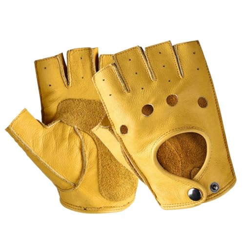 Flybloom Motorrad-REIT-Leder-Fingerlose Handschuhe, rutschfeste Halbfinger-Fahrhandschuhe (Gelb) von Flybloom