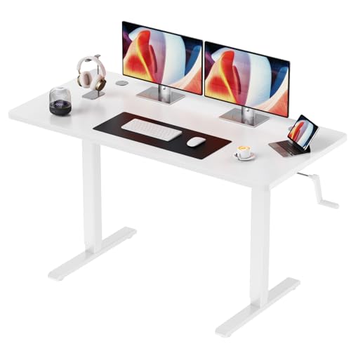Flycity Höhenverstellbarer Schreibtisch 110 x 60 cm, Manuell Verstellbar in Weiß, Kratz und Schmutzabweisende Spanplatten, Verdickter Metallrahmen aus Kohlenstoffstahl von Flycity