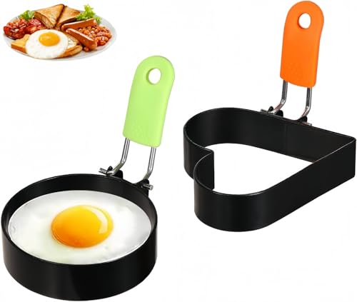 Flycppo 2 Stück Spiegeleierformen,Edelstahl Spiegeleiform,Eierringe mit Klappgriffen Silikon,Egg Ring Molds für Spiegeleier,Sandwiches,Hackbraten von Flycppo