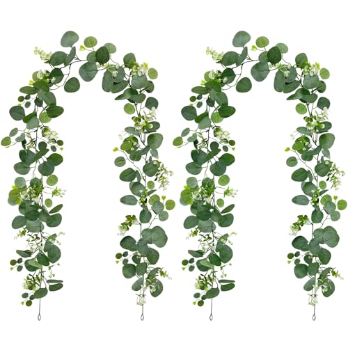 2 Stück Eukalyptus Girlande, 180cm Künstliche Eukalyptus Girlande Hängend Grüne Blätter Deko mit Weiße Blumen Silberdollar Eukalyptusranke für Hochzeitsstrauß, Bogen, Heimdekoration (Grün) von Flying Pottery