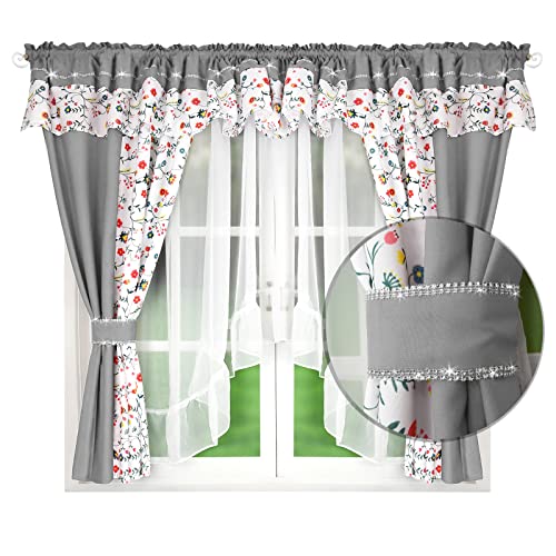 Flying Curtains Vorhang Gardine Set mit Blumenmuster | Deko Gardinen | Wohnzimmer Schlafzimmer | Fenster-Gardinen Set mit Vorhängen 400cm x 150cm | Scheibengardinen L463 Hellgrau von Flying