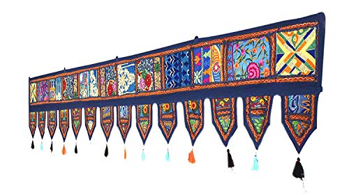 Flyingasedgle Großer indischer Wandbehang, ethnischer Stil, Patchwork-Tür-Volant, handbestickt, Perlen-Türaufsatz, Toran-Fenster-Volant, 190 x 33 cm (blau) von Flyingasedgle