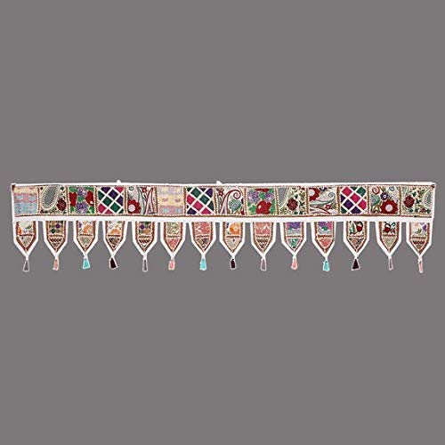 Flyingasedgle Großer indischer Wandbehang, ethnischer Stil, Patchwork-Tür-Volant, handbestickt, Perlen-Türaufsatz, Toran-Fenster-Volant, 190 x 33 cm (weiß) von Flyingasedgle