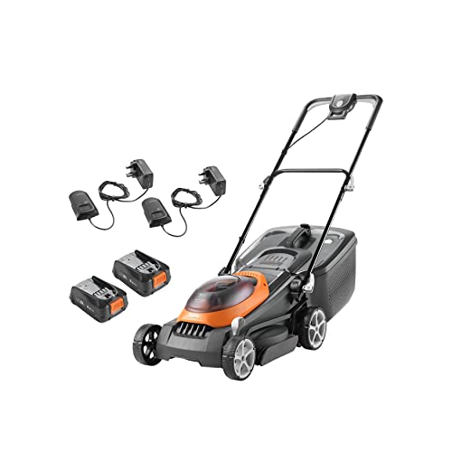 Flymo UltraStore 380R Li Akku-Rasenmäher-Set, 36 V, 38 cm Schnittbreite, geschlossener Kantenschneiden, hintere Rolle, 45 l, Comfort Grip, Power 4 All Battery Alliance, 970538901, orange und grau von Flymo