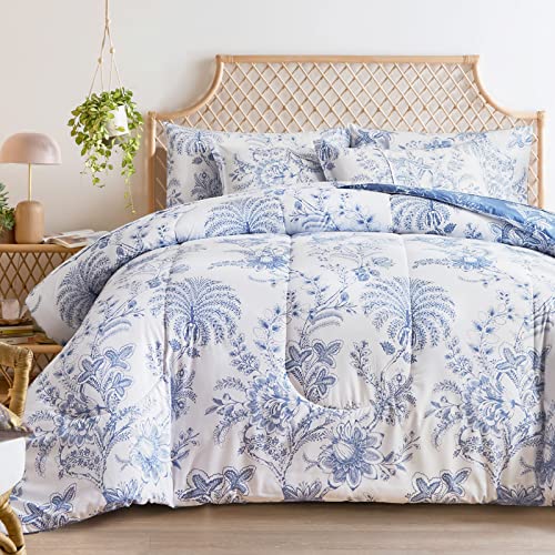 FlySheep Botanisches Bett in einer Tasche, King-Size-Größe, 7-teilig, wendbar, blaue und weiße Blume, bedruckte Bettwäsche, Set (1 Steppdecke, 1 Spannbettlaken, 2 Kissenbezüge und 2 Kissenbezüge) von Flysheep