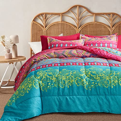 Flysheep Boho-Bett in Einer Tasche, 7-teiliges King-Size-Bett, buntes böhmisches Tribal, rosa und blau, Blumenmuster-Set (1 Bettdecke, 1 Bettlaken, 1 Spannbetttuch, 2 Kissenbezüge) von Flysheep