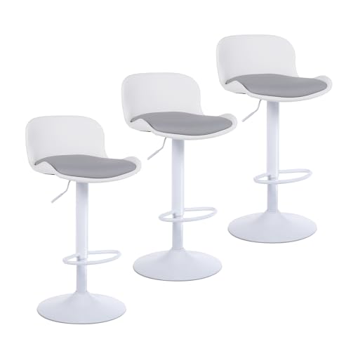 Flysky Barhocker 3er Set, Höhenverstellbar Bar Stool, Moderner Barhocker aus PU-Leder mit Fußstütze, Küchenstühle mit Rückenlehne für Esszimmer, Kücheninsel, Pub, Weiß/Grau von Flysky