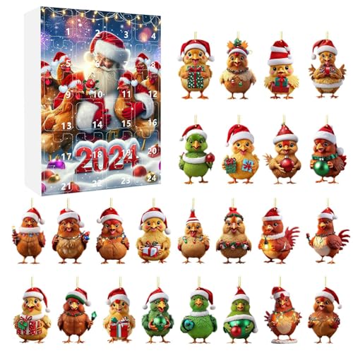 FmtwPhn Weihnachtskalender Huhn | Hühner Hängeleiter 24 Tage Countdown Kalender,2D Acrylic Flachanhänger Huhn Charm Für Christbaumschmuck Wanddekoration Auto-Innenspiegel Urlaubsdekoration von FmtwPhn