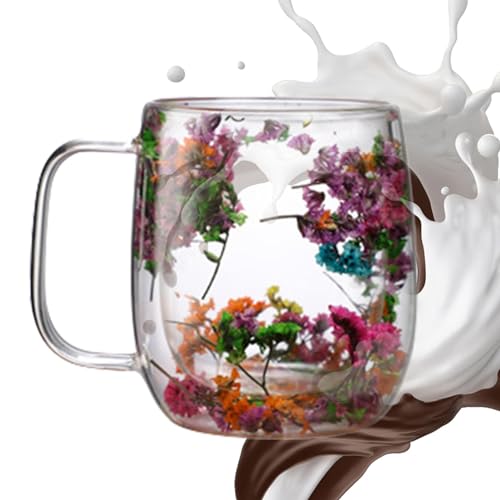 Teetasse Aus Glas Mit Getrockneten Blumen – Glas-Getränkegläser, Teetasse, Blumen-Kaffeetasse | Doppelwandige Kaffeetassen Aus Glas Mit Getrockneten Blumen, Niedliche Teetassen Mit Griff Für Tee, Capp von Fmzrbnih