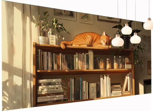 Diamond Painting Erwachsene Kinder Katze Diamant Painting Bilder Bücherregal, DIY 5D Crystal Art Mosaik Bastelset Erwachsene Diamond-Painting für Haus Wand Dekor Geschenk Mädchen 70x140 cm S2-1026 von Fneuexng