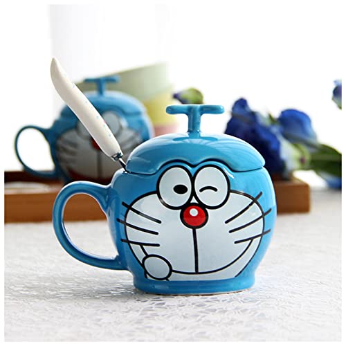 Paar Tasse 350ml Paar Keramik Becher mit Deckel und Löffel Einfache Cartoon Doraemon Becher Kaffeetasse Frühstück Geburtstagsgeschenkschale Tasse (Size : C) von FnnEmg