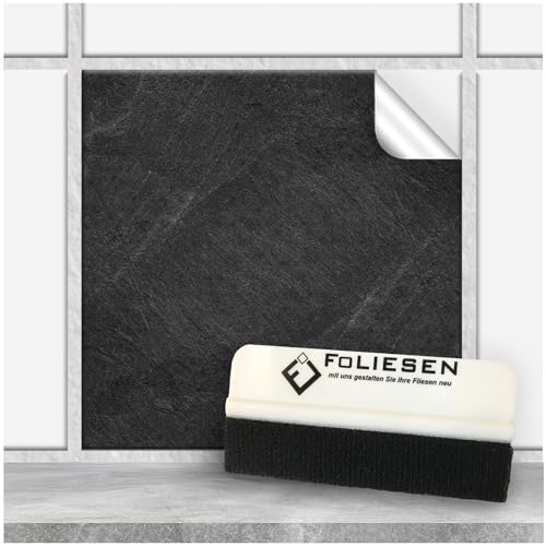 FoLIESEN - Fliesenaufkleber 15x15 cm | selbstklebende Fliesen-Folie für Bad & Küche | Klebe-Folie für Wandfliesen & Küchenrückwände | 20 Klebefliesen + Rakel, Black Slate - 15x15 cm von FoLIESEN