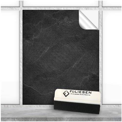 FoLIESEN Fliesenaufkleber 20x25 cm für Bad, Küche, Badezimmer - Fliesen-Folie selbstklebend - 20 Klebefliesen + Rakel, Black Slate - 20x25 cm von FoLIESEN