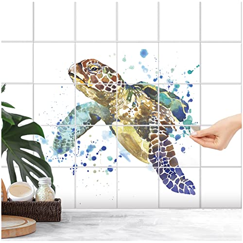 FoLIESEN Fliesenaufkleber - Deko-Bild für Bad, Küche, Badezimmer - Dekoration Fliesen-Bild Wasser-Schildkröte selbstklebend - Meeresschildkröte, Fliese - Bild (BxH):15x20 cm - 105x100 cm / 35-tlg. von FoLIESEN