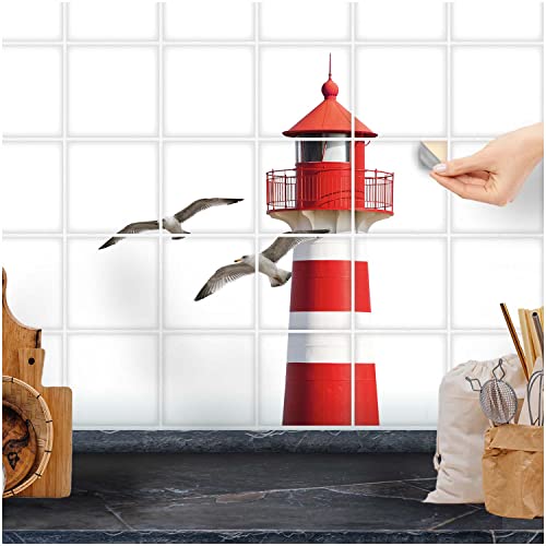 FoLIESEN Fliesenaufkleber - Deko-Bild für Bad, Küche, Badezimmer - Dekoration Fliesen-Bild selbstklebend - Möwen am Leuchtturm, Fliese - Bild (BxH):15x15 cm - 3 Stück von FoLIESEN