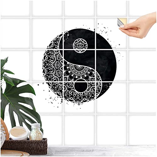 FoLIESEN Fliesenaufkleber - Deko-Bild für Bad, Küche, Badezimmer - Dekoration Fliesen-Bild selbstklebend - Ying Yang Mandala, Fliese - Bild (BxH):15x20 cm - 3 Stück von FoLIESEN