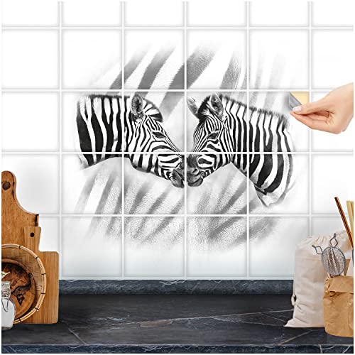 FoLIESEN Fliesenaufkleber - Deko-Bild für Bad, Küche, Badezimmer - Dekoration Fliesen-Bild selbstklebend - Zebras, Fliese - Bild (BxH):20x20 cm - 40x40 cm / 4-tlg. von FoLIESEN