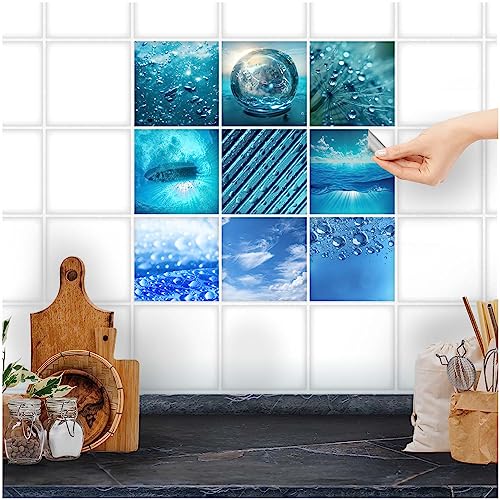 FoLIESEN Fliesenaufkleber für Bad, Küche, Badezimmer - Fliesen-Folie selbstklebend - Deko-Aufkleber Blau - Into the Blue, .:10x10 cm - 9-tlg. von FoLIESEN