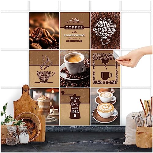 FoLIESEN Fliesenaufkleber für Bad, Küche, Badezimmer - Fliesen-Folie selbstklebend - Deko-Aufkleber - Kaffee-Collage, 20x25 cm - 9-tlg. von FoLIESEN