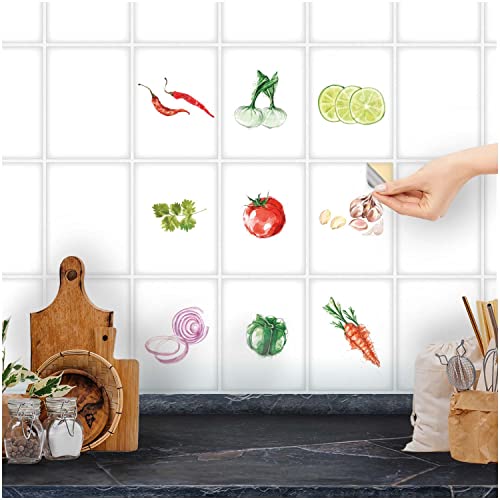 FoLIESEN Küchenrückwand Wand Deko - Fliesenaufkleber für moderne Küche - selbstklebend & wasserfest - 9 Bild-Motive Aquarell-Kitchen, 15x20 cm - Weiß glänzend von FoLIESEN
