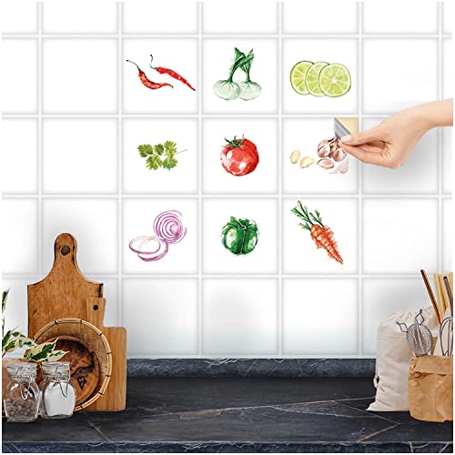 FoLIESEN Küchenrückwand Wand Deko - Fliesenaufkleber für moderne Küche - selbstklebend & wasserfest - 9 Bild-Motive Aquarell-Kitchen, 15x15 cm - Weiß matt von FoLIESEN