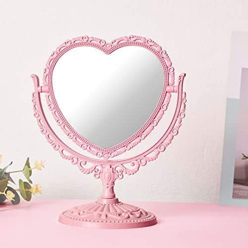 FoOhy Herz-Spiegel, doppelseitig, Schminkspiegel für Schreibtisch, Vintage-Spiegel, kokette, dänische Pastell-Raumdekoration, ästhetisch (Pink) von FoOhy