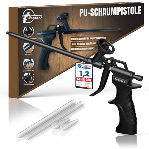 FoamaxX PU Schaumpistole – Bauschaumpistole für Pistolenschaum/Bauschaum (1K & 2K) – Teflon beschichtete Montagepistole - KEIN REINIGER NÖTIG inkl. Zubehör von FoamaxX