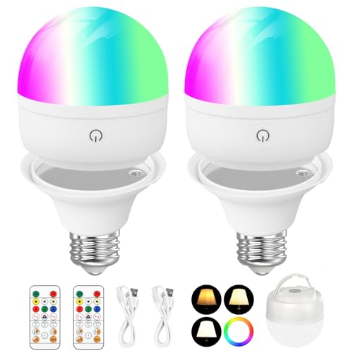 Focenat 2 Stück Led Glühbirne mit Fernbedienung,3 Farben Dimmbare Touch Control Akku Glühbirne,E27 RGB Bunte Glühbirnen,Dimmbare Akku Glühbirne mit Timing,Camping Notlicht Mit Haken,für Bar,party von Focenat