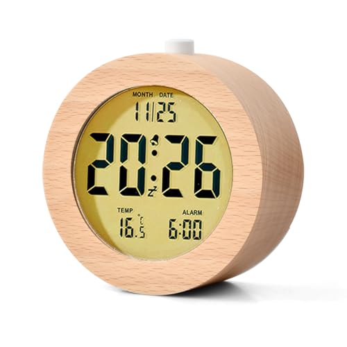 Focenat Holz Digitalwecker,Wecker Digital Holzdekor,Batteriebetriebene Uhr Tischuhr,Retro Uhr Rund,LCD Alarm Clock,mit Temperaturanzeige,Snooze,Hintergrundbeleuchtung,für Schlafzimmer,Büro von Focenat